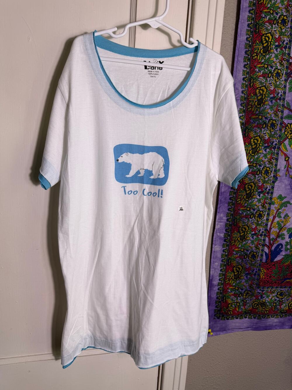 Lazy One Too Cool Polar Bear T Shirt Womens XL White Blue Ringer Tee Cotton